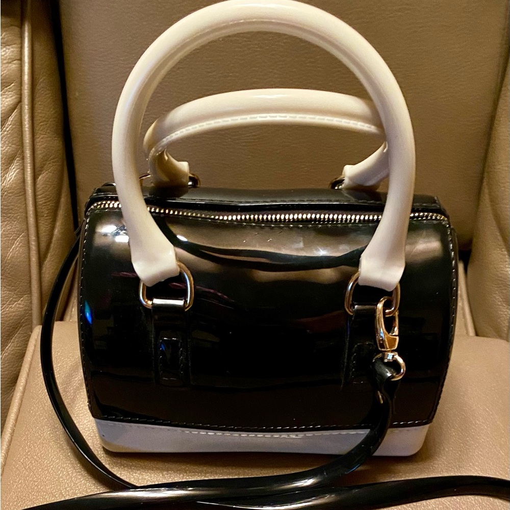 Black and White Patent Shoulder Bag with Top Handles
